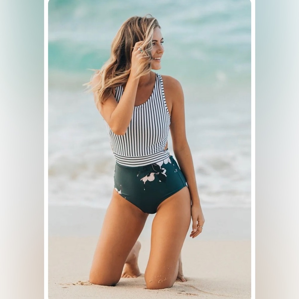 Albion 'Bon Voyage One Piece Swimsuit' Striped Floral Jade Large